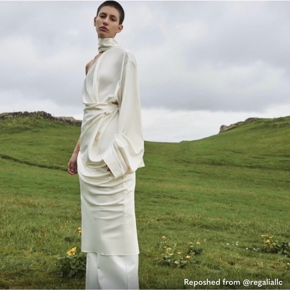 Solace London Dresses & Skirts - Solace London RARE Sorina Dress Ivory Satin One Sleeve Midi Dress Size 10